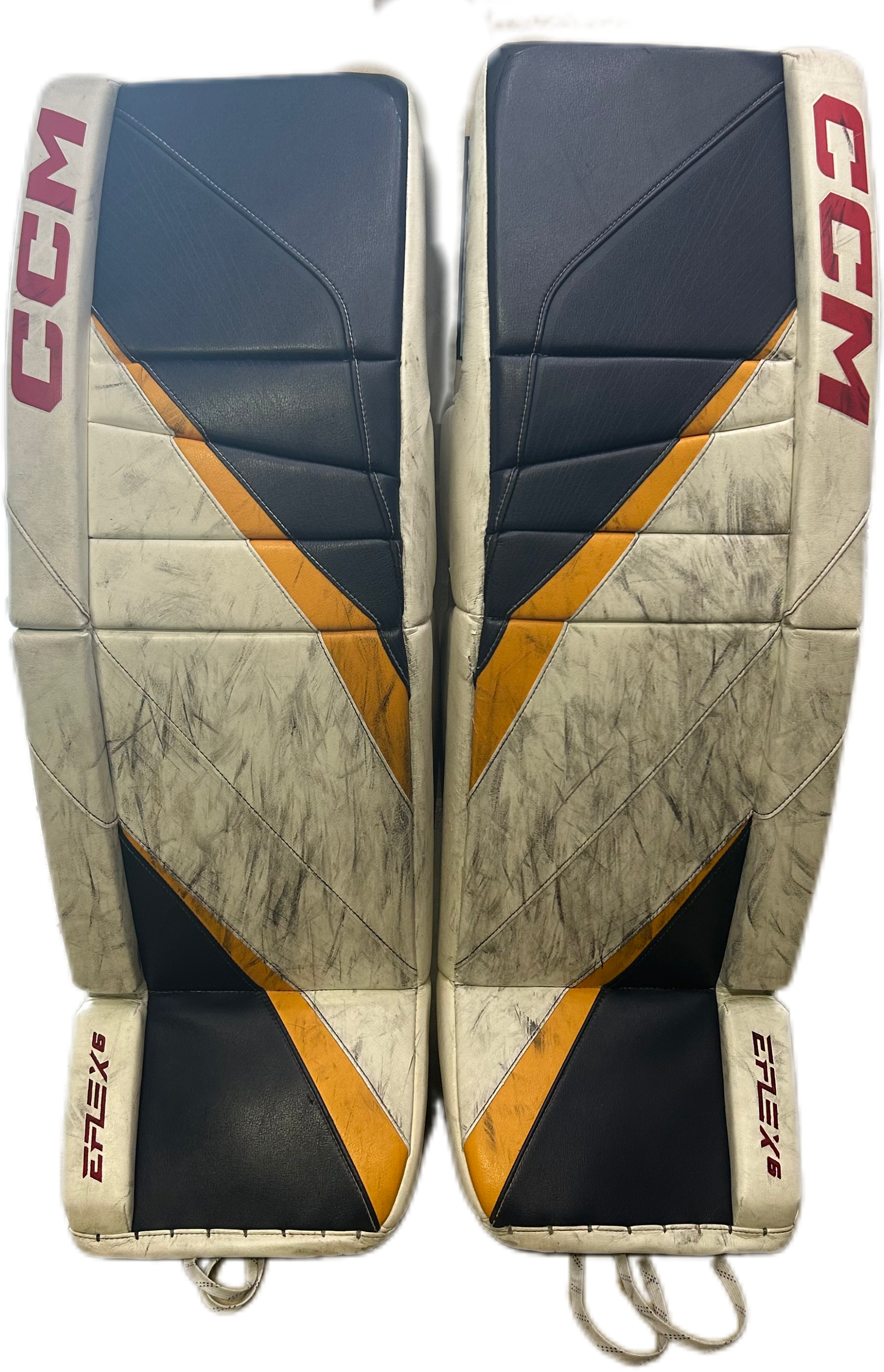 CCM Extreme Flex 6 - Jambières de gardien de but Pro Stock d'occasion (blanc/bleu marine/jaune)